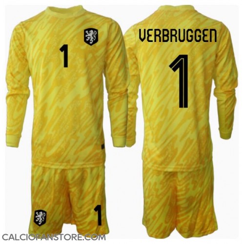 Maglia Calcio Paesi Bassi Bart Verbruggen #1 Portiere Seconda Divisa Bambino Europei 2024 Manica Lunga (+ pantaloncini)